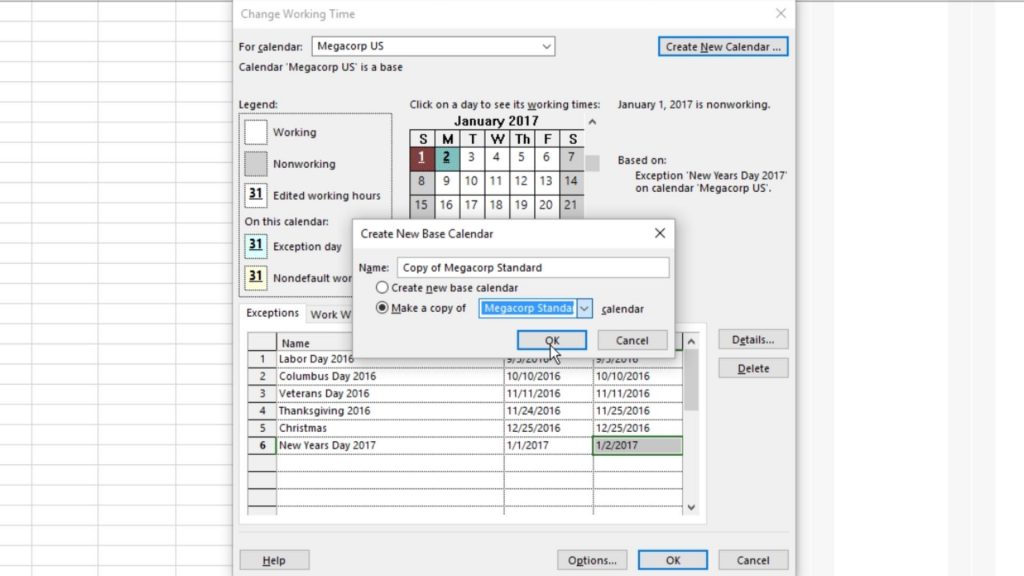 Creating a new Microsoft Project screenshot showing new project calendar management.