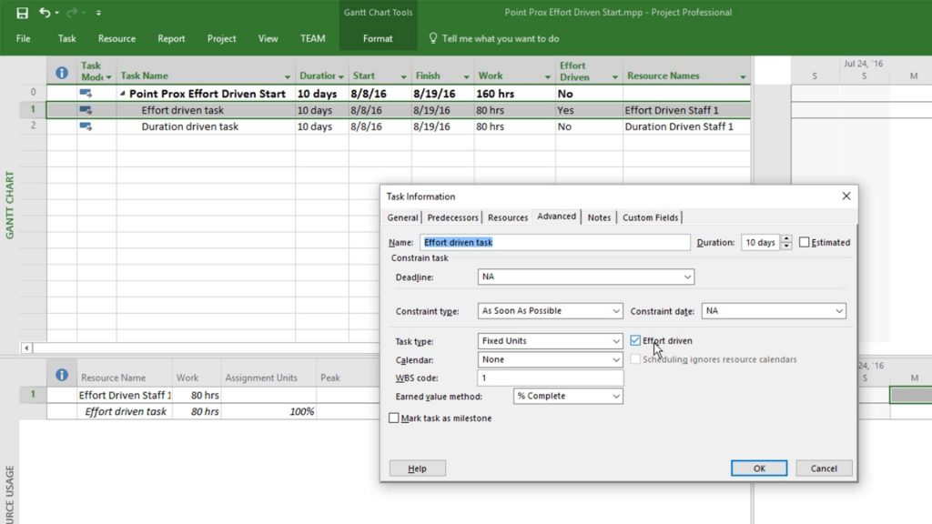 Point Prox image of Microsoft Project Task Information Dialog showing how to set up the effort driven attribute for a task.