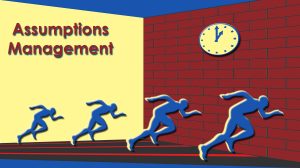 Illustration of assumptions management as running into a brick wall. Shows a clock to indicate that assumptions operate withing a timeframe.