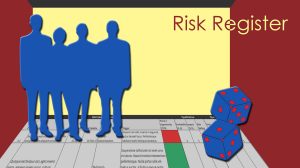 Illustration of risk as a roll of the dice. Dice are shown on a Risk Register.