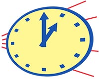Round yellow and blue clock show in perspective.