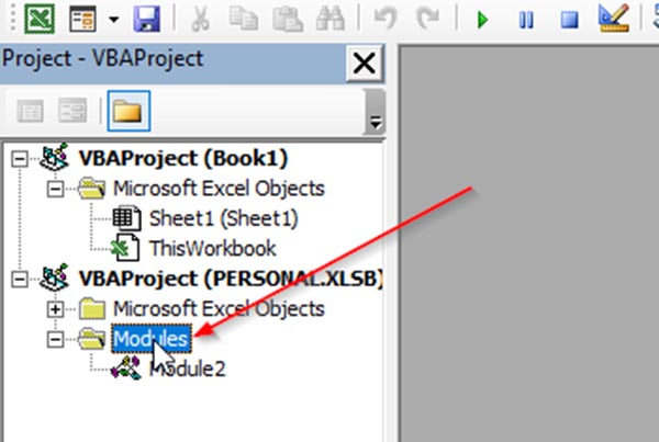 Locating the modules directory on the Personal.xlsb file.